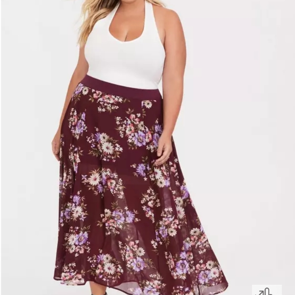 NWT Torrid Mesh Floral Burgundy Maxi Skirt with Built In Spanx Style Underwear